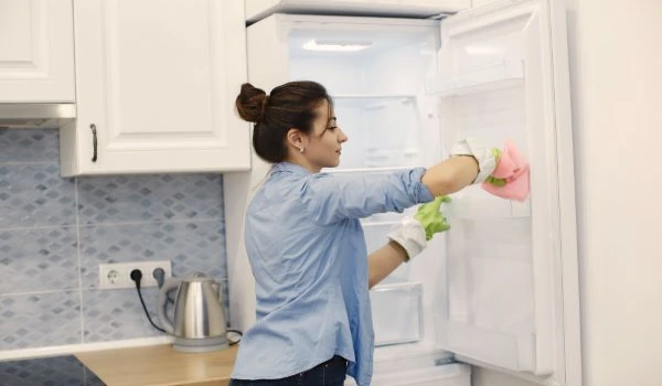 Housewife woking at home. lady in a blue shirt
