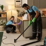 Cleaning workers doing general cleaning in apartment