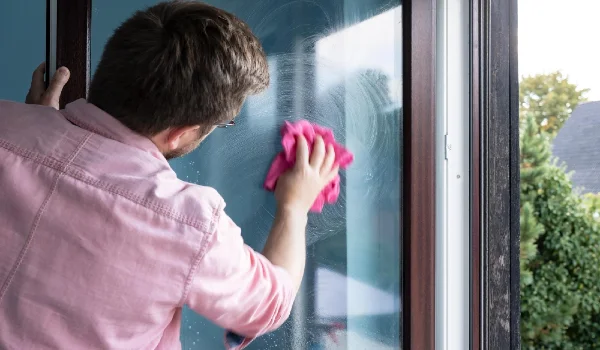 Side view of boy cleaning the window