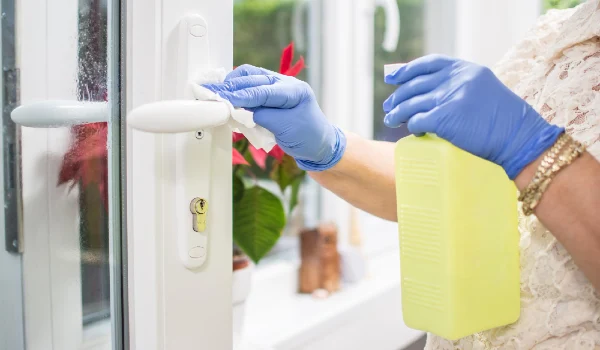 Senior womans hands in protective latex gloves cleaning door handles at home