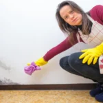 Angry woman because she finds mold on the walls of the house