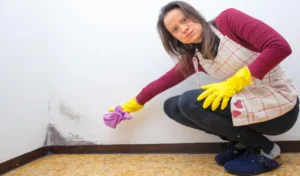 Angry woman because she finds mold on the walls of the house