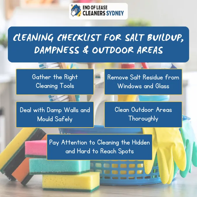 Cleaning checklist for salt buildup, dampness & outdoor areas