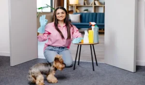 Young woman sitting near the table with cleaning products at home and her little dog is running next to her