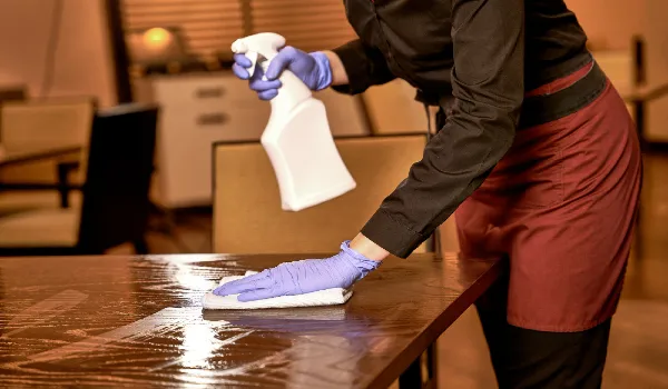 Restaurant worker washing a sprayed table with cloth