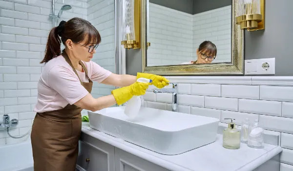 Woman in apron with detergent spray washcloth cleaning bathroom sink tap